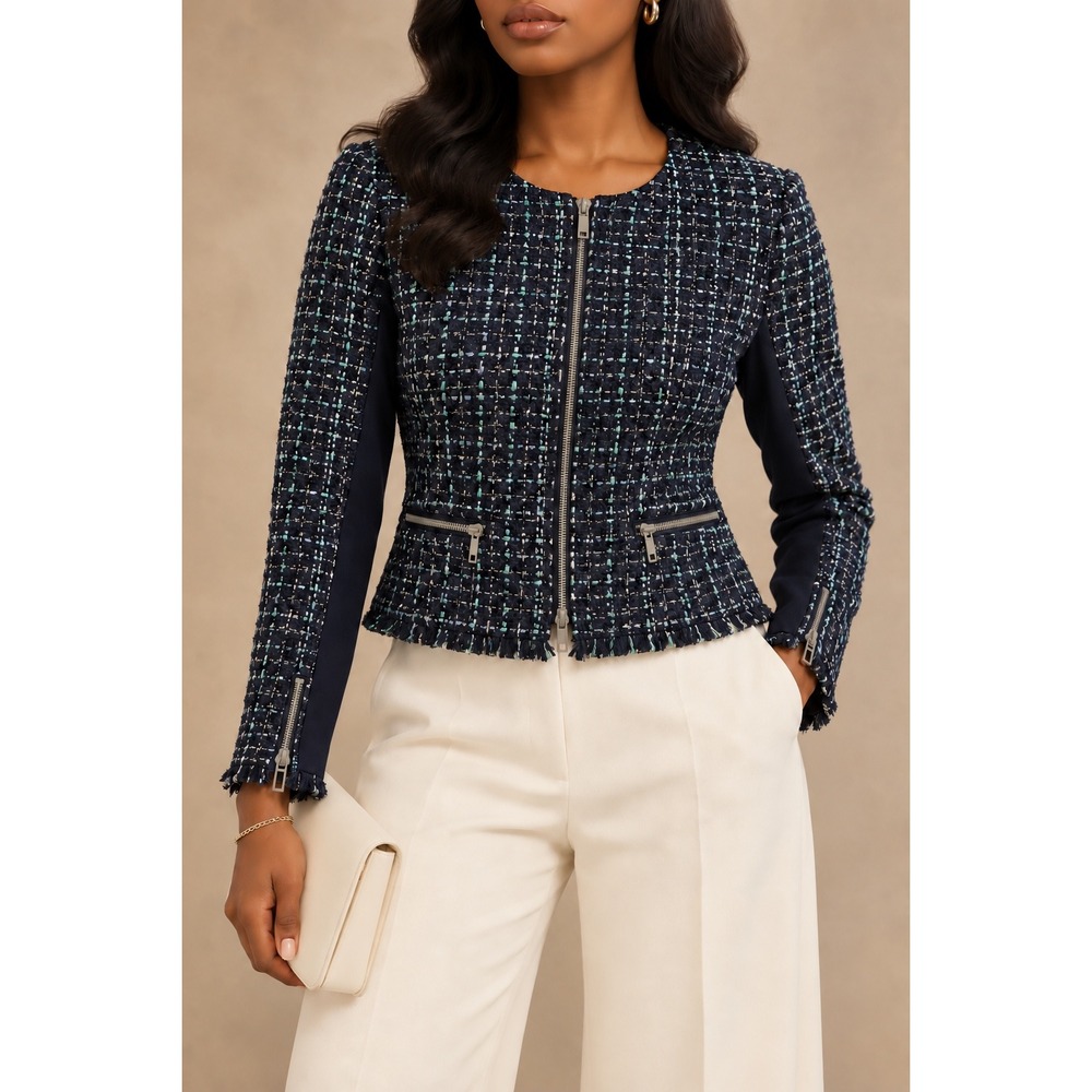 174 Ted Baker London Fearnij Navy Boucle Tweed Cotton Blend Zip Jacket Sz4/US 10